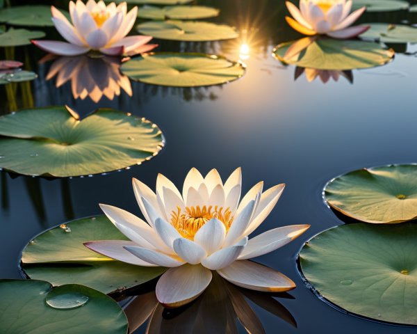 Tranquil Pond at Sunrise with Water Lilies and Reflection