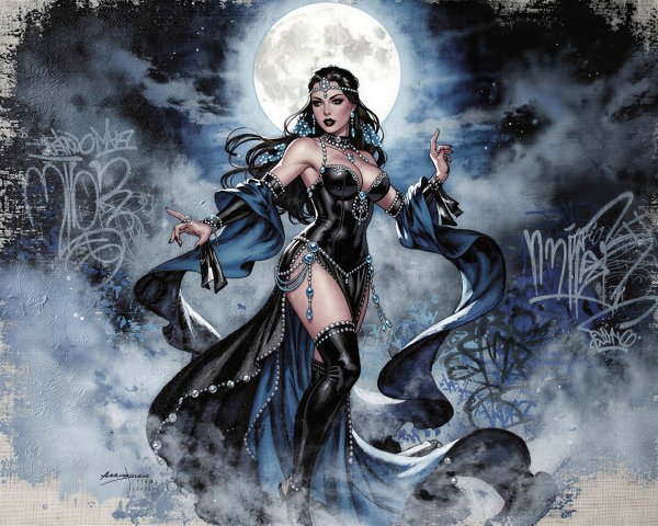 Elegant Woman in Evening Dress Under Full Moon