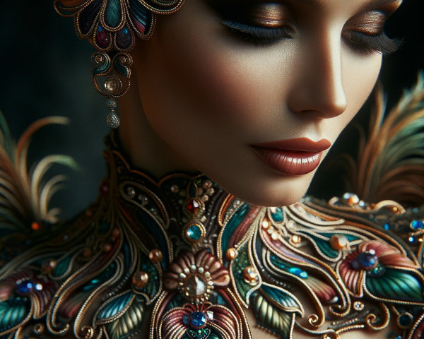 Close-up of a woman with intricate headdress and jewels