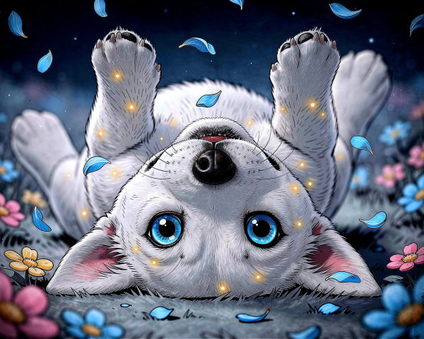 Anime Illustration of a White Puppy in a Flower Field