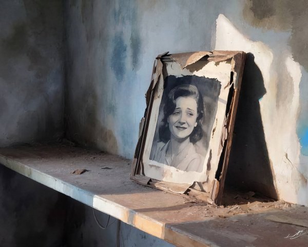 Abandoned Room with Vintage Photo on Dusty Shelf