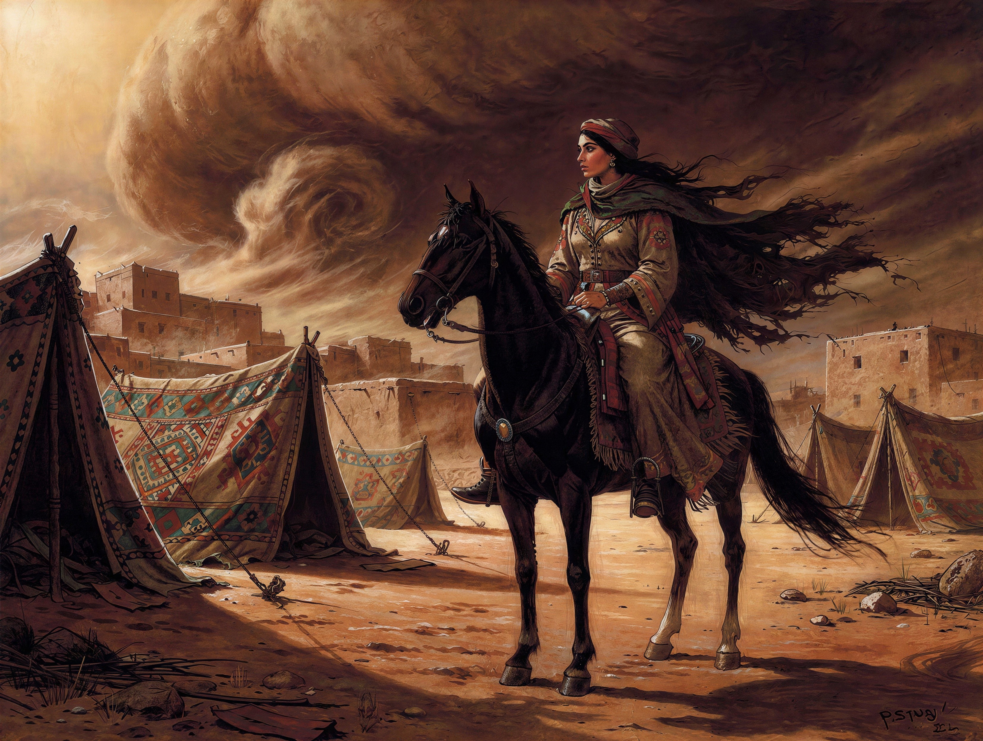 Detailed Oil Painting of Woman on Horse in Desert
