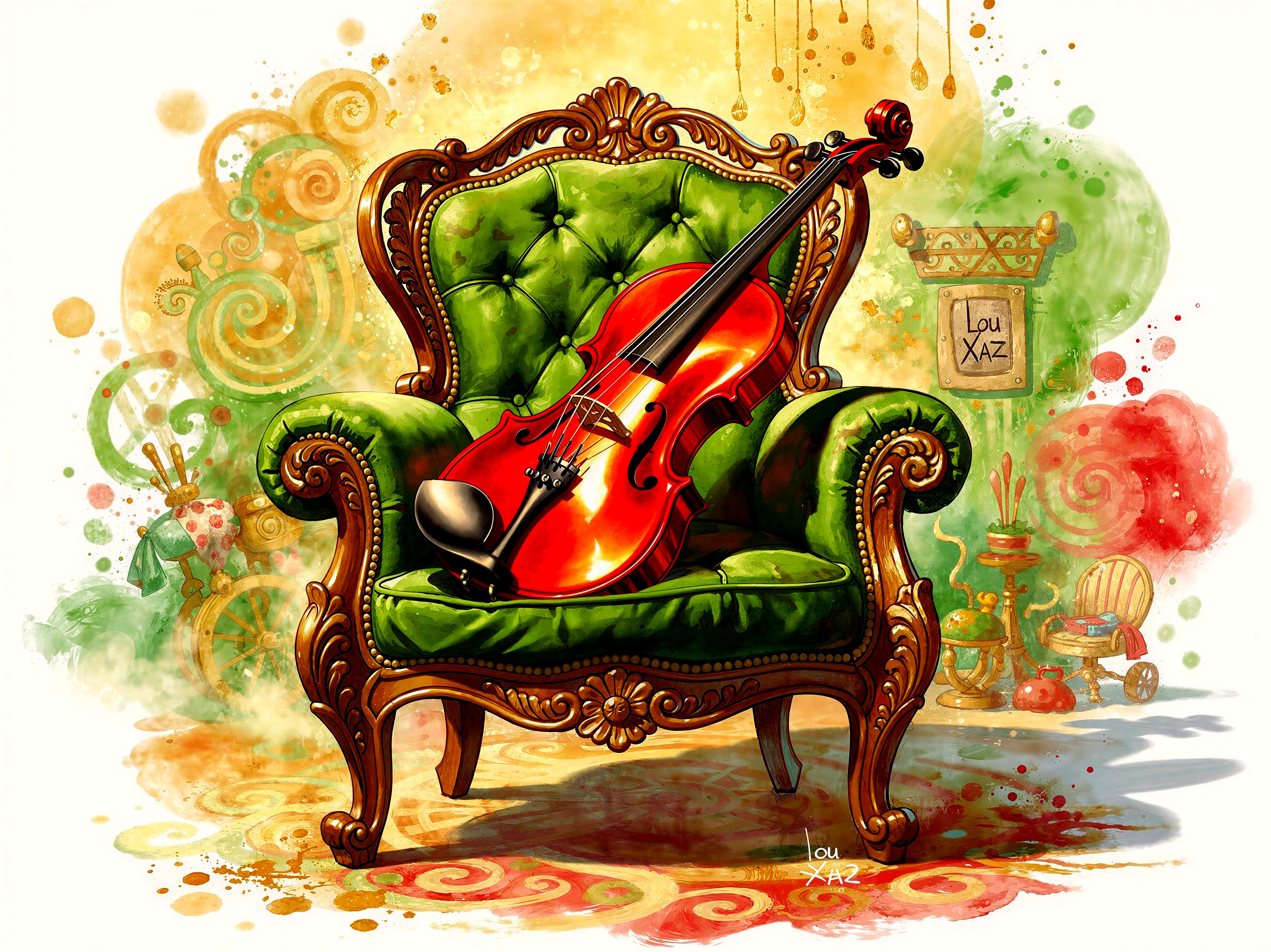 Digital Watercolor of Ornate Green Velvet Armchair