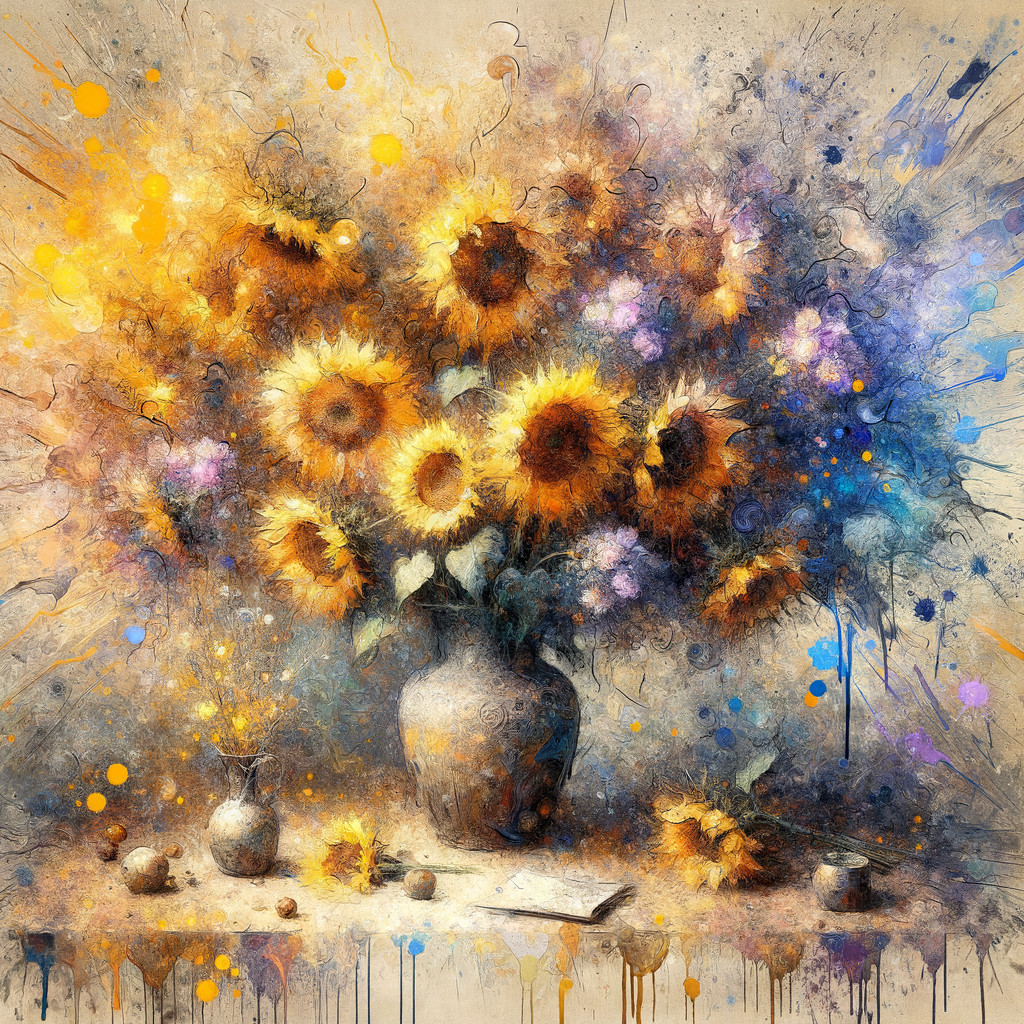 Vibrant Digital Painting of Sunflowers in Stone Vase