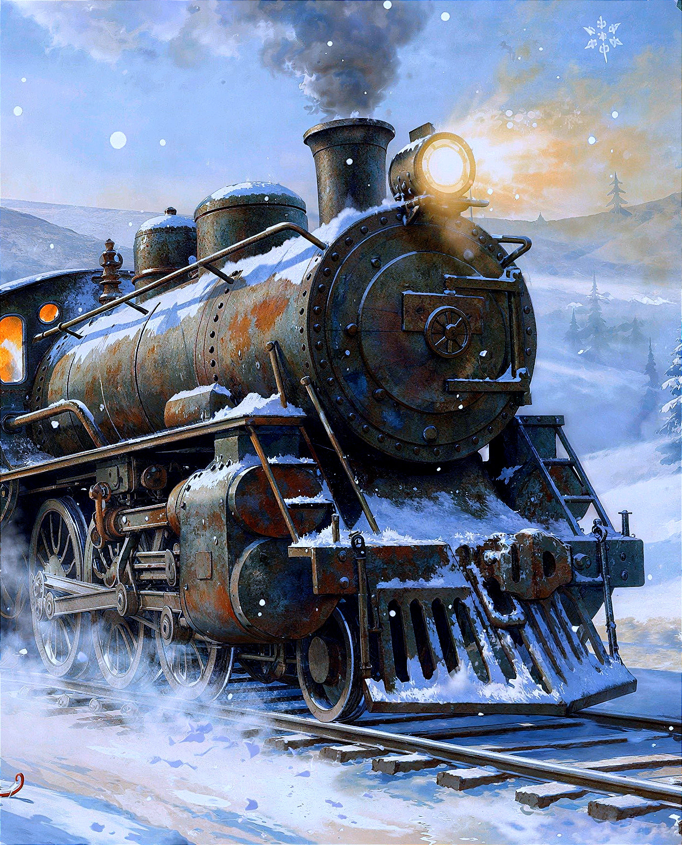 Snow-Covered Steam Engine Train in Winter Landscape