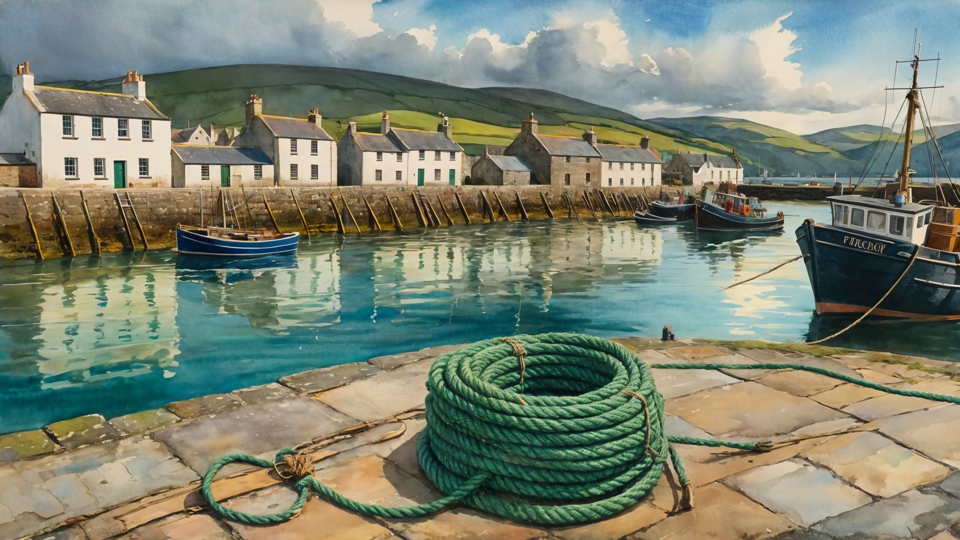 Vibrant Watercolor of a Bustling Harbor Scene