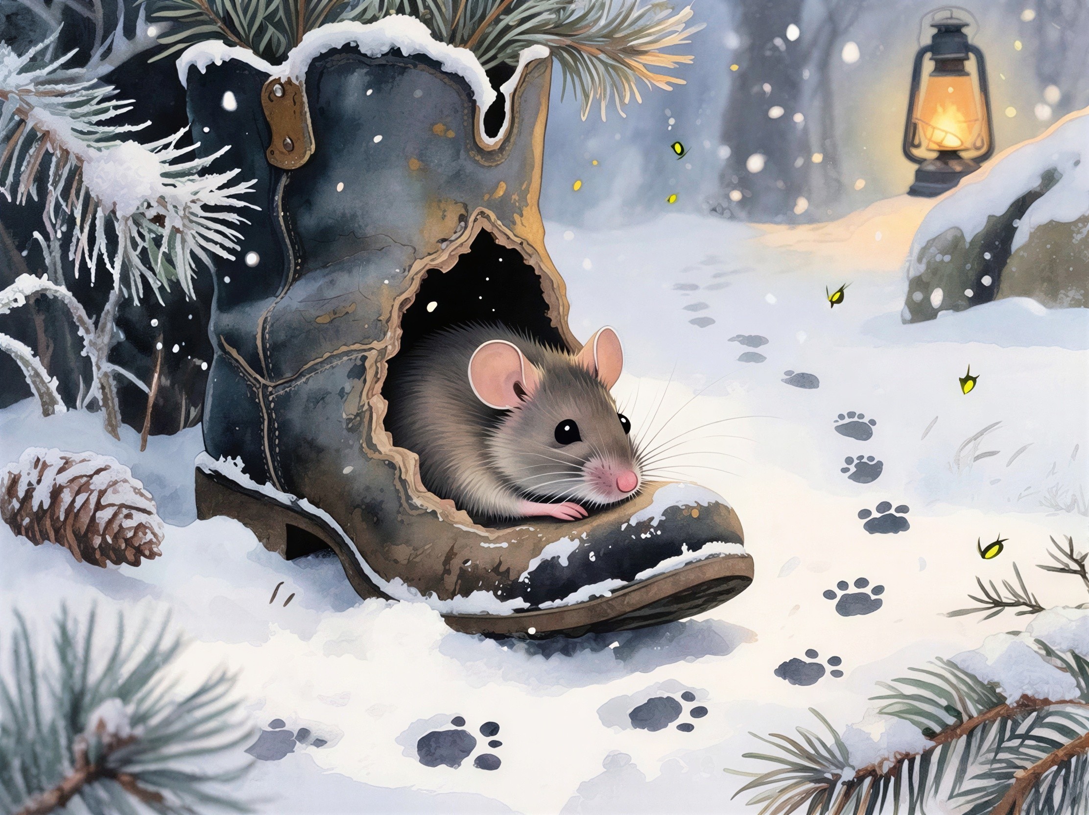 Field Mouse in Boot Surrounded by Snowy Landscape