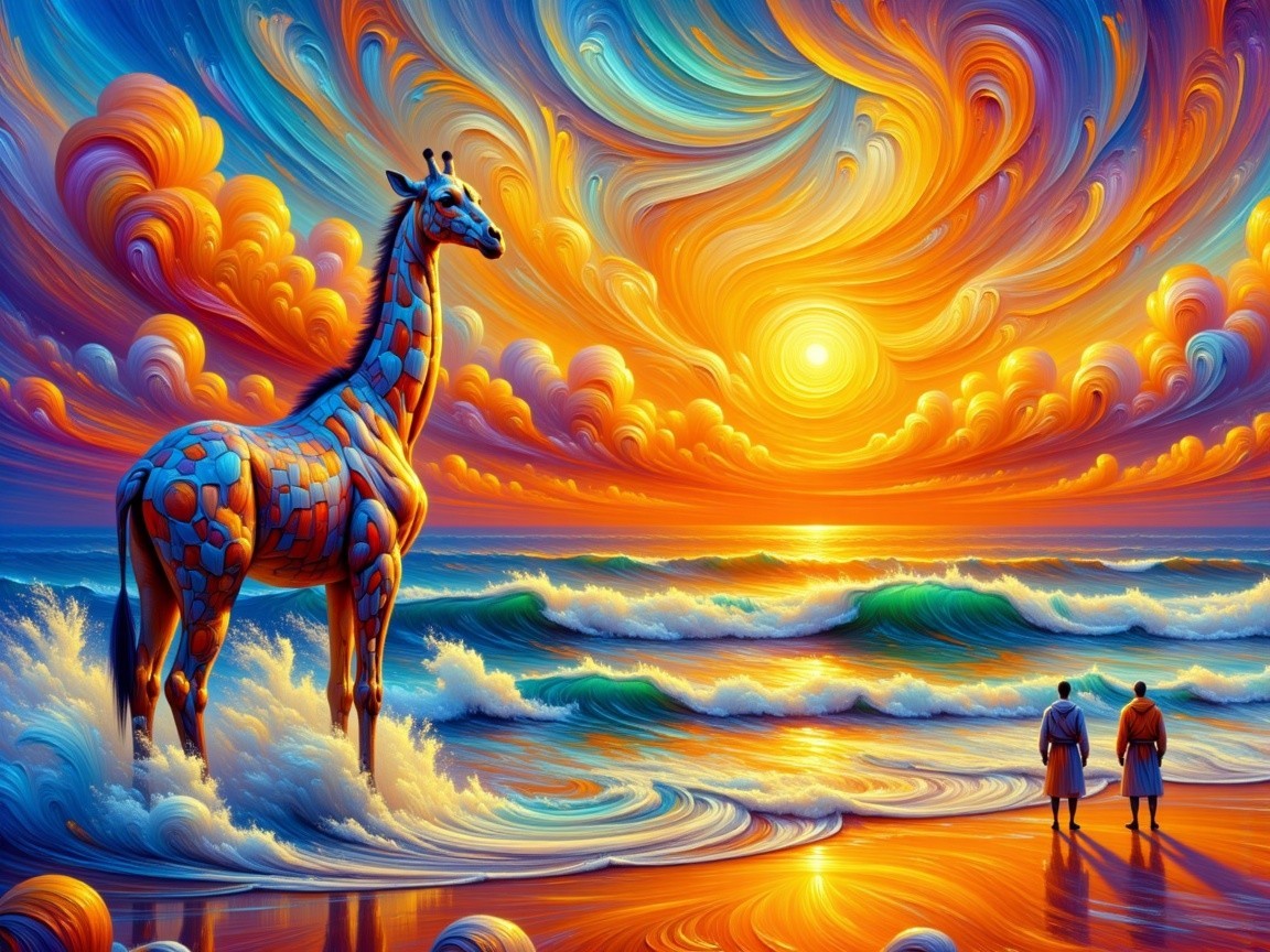 Surreal Painting of Giraffe in Ocean at Sunset