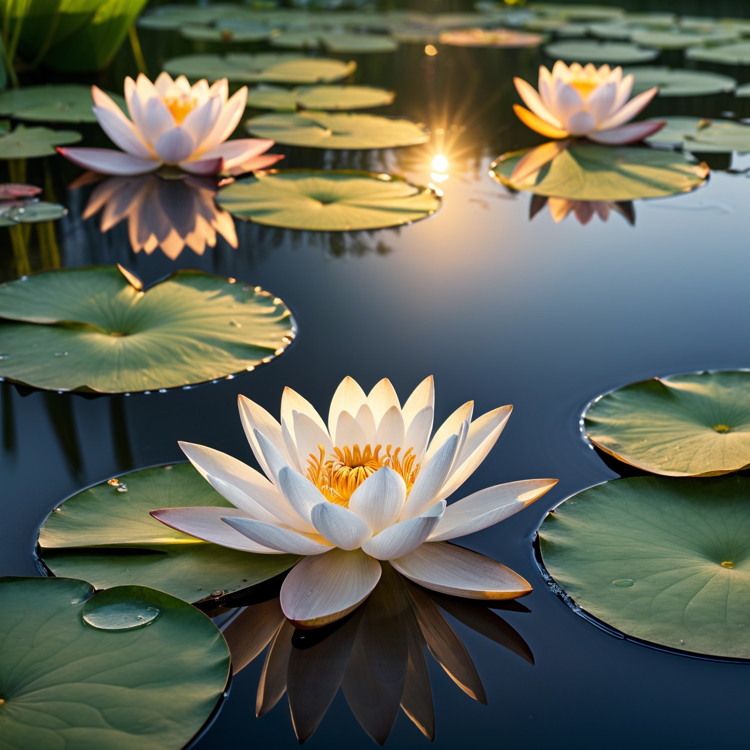 Tranquil Pond at Sunrise with Water Lilies and Reflection