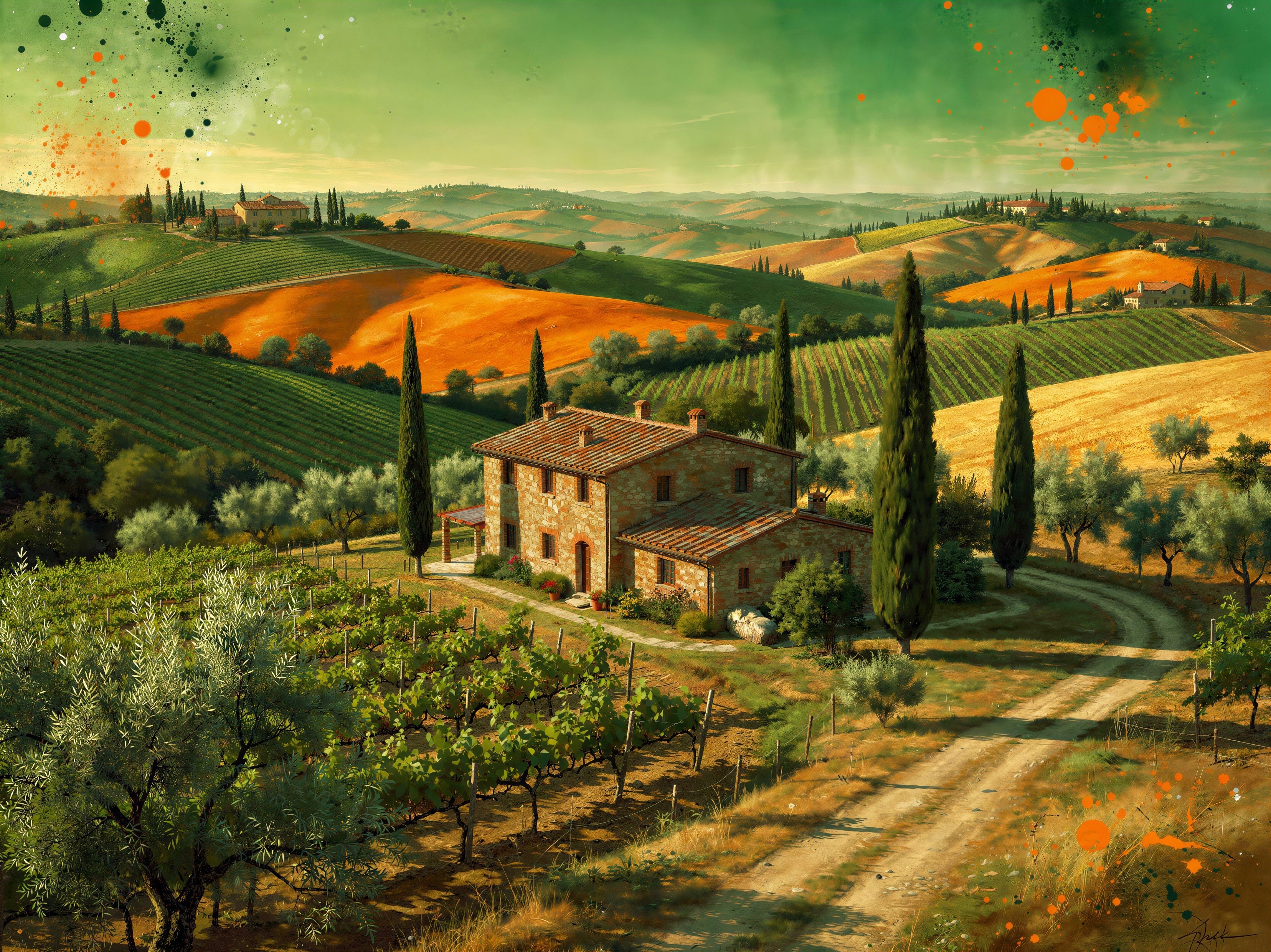Tuscany Landscape with Vibrant Fields and Farmhouse