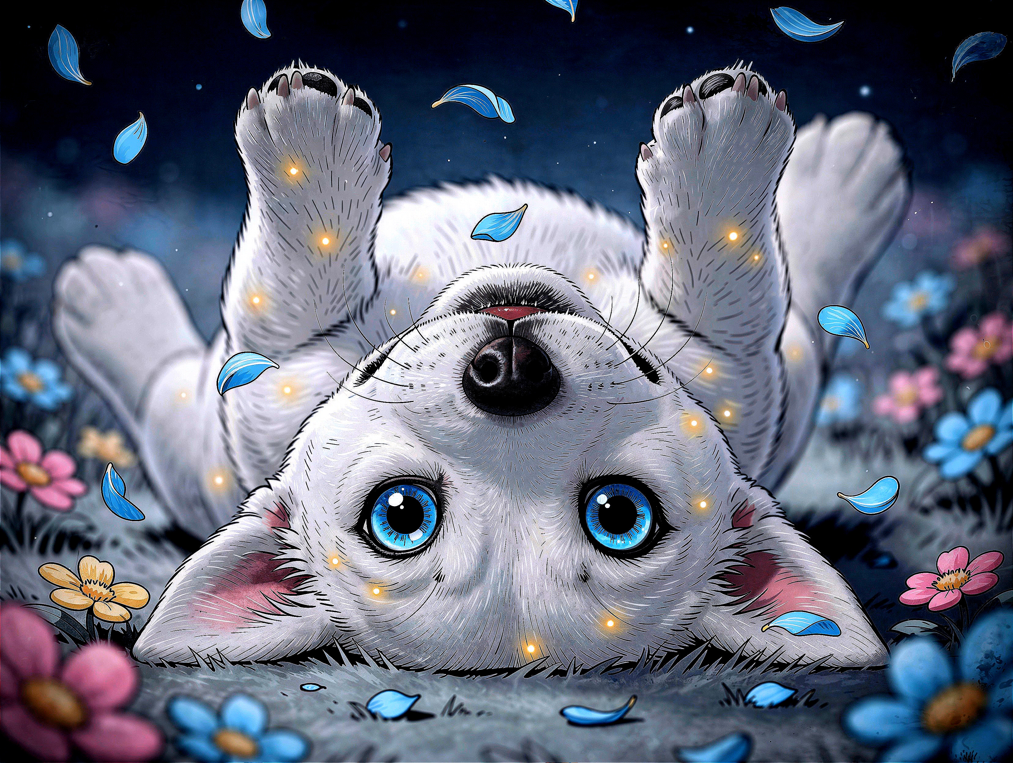 Anime Illustration of a White Puppy in a Flower Field