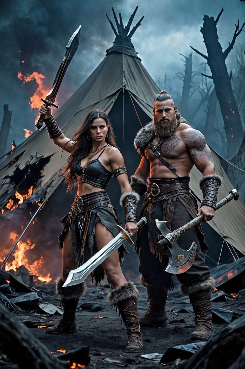Warrior Couple in Front of Burning Tent and Trees