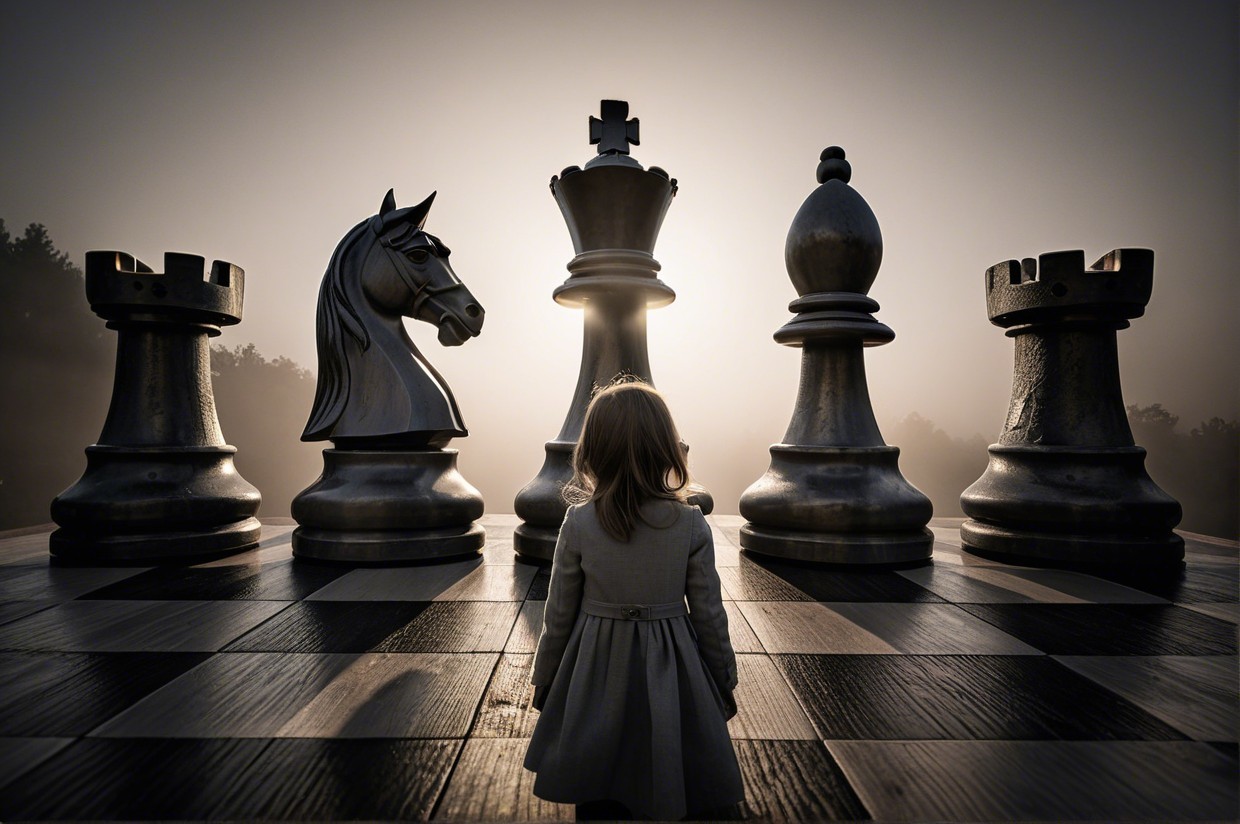 Child at a Giant Chessboard in Misty Landscape