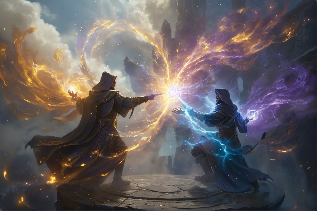Robe-clad figures duel with magical flames and energy