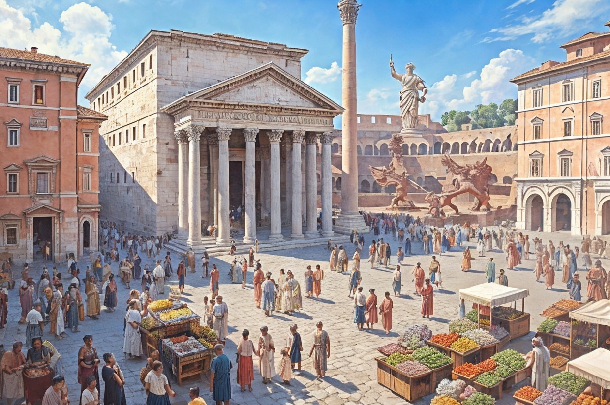 Ancient Roman Square with Market and Temple Features