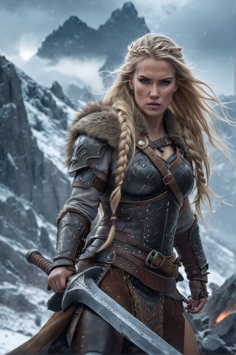 Warrior in Armor on Snowy Mountain Landscape