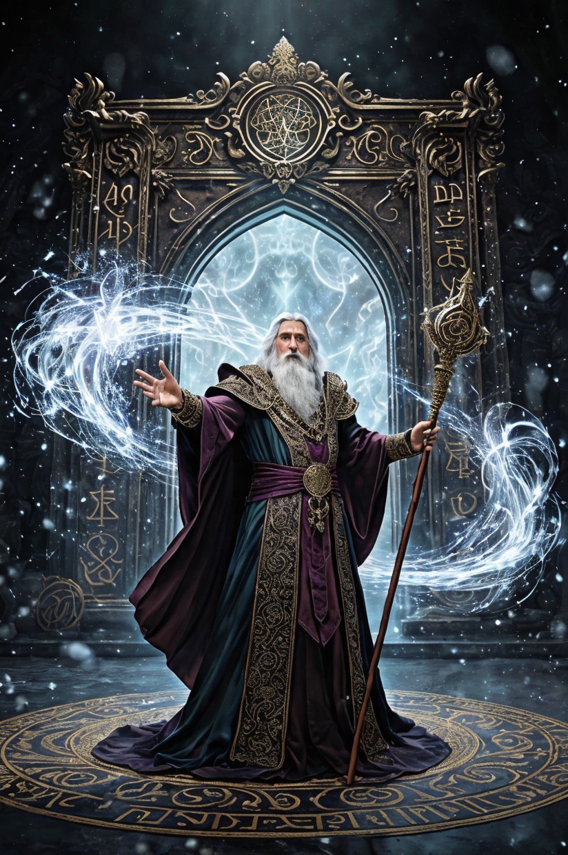 Majestic wizard by ornate mystical portal with staff