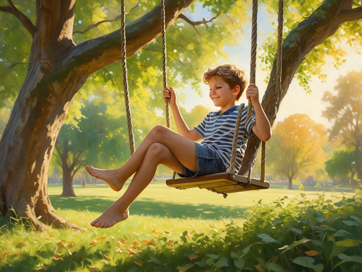 Young boy on swing in sunlit park setting