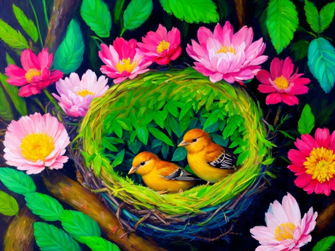Cozy Nest with Yellow Birds Among Blossoming Flowers