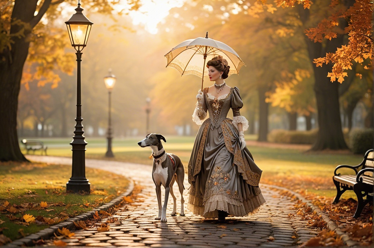 Victorian Woman in Autumn Park with Greyhound