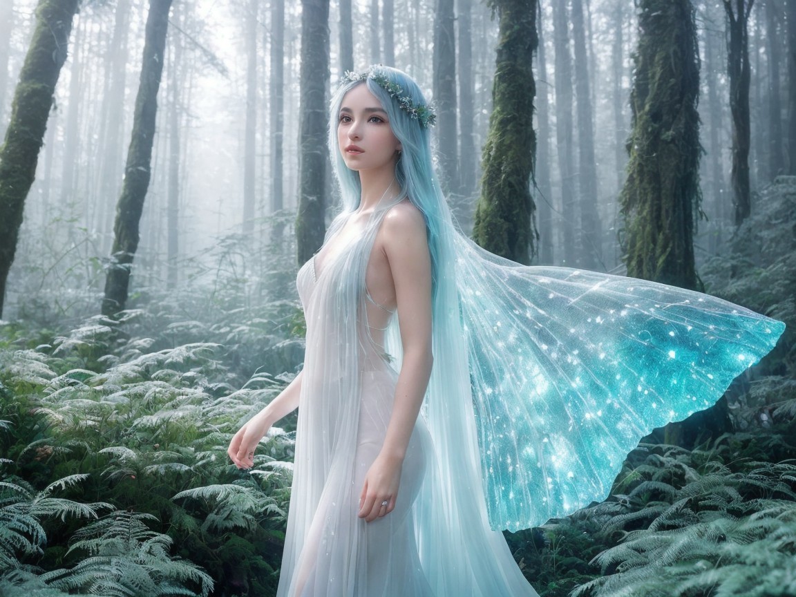 Serene forest scene with ethereal lighting and figure
