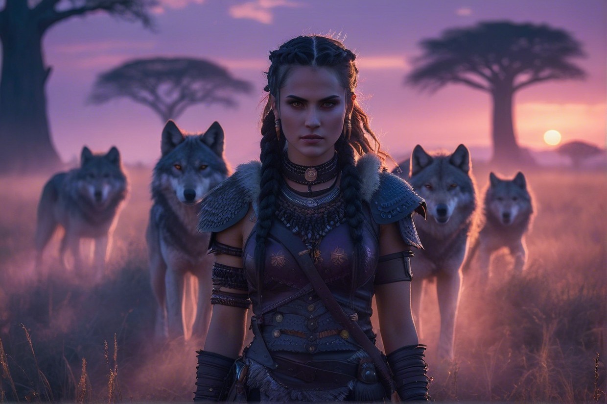 Warrior in Armor with Wolves at Sunset Background