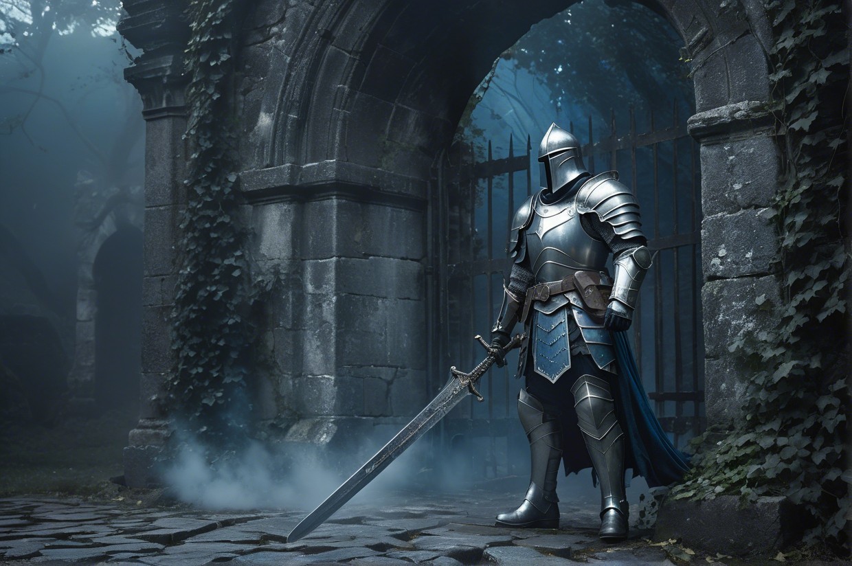 Knight in Armor in Misty Ancient Courtyard