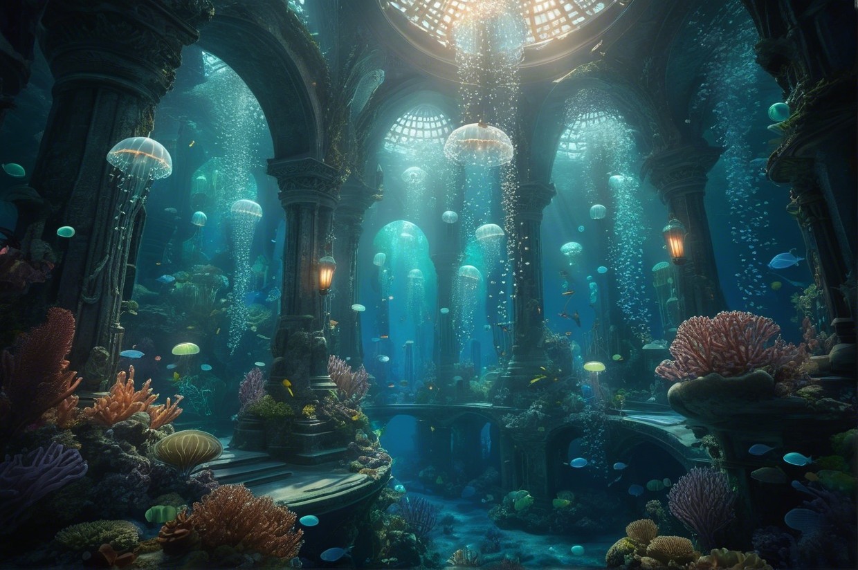 Ancient Submerged City with Coral Reefs and Jellyfish