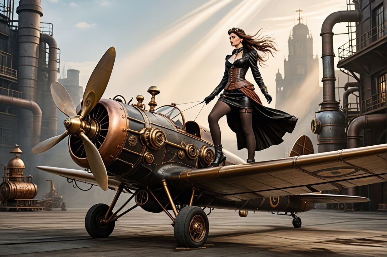 Steampunk Woman on Vintage Airplane in Dramatic Setting