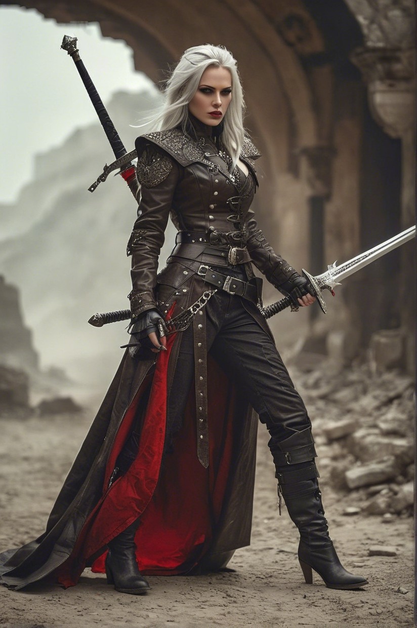 Fierce Warrior in Ancient Ruins with Dual Swords