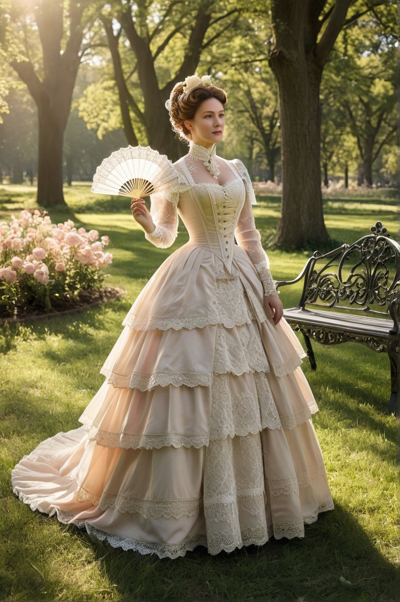 Elegant Woman in Layered Lace Gown in Sunlit Park