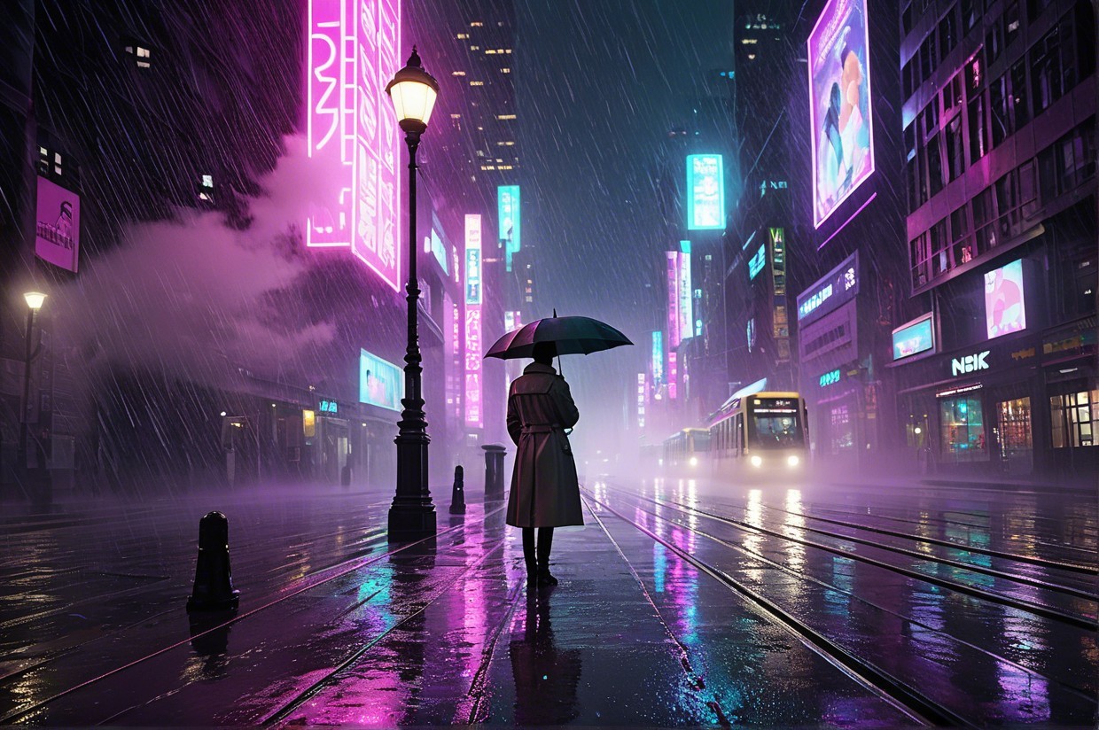 Solitary Figure in Futuristic Neon Cityscape
