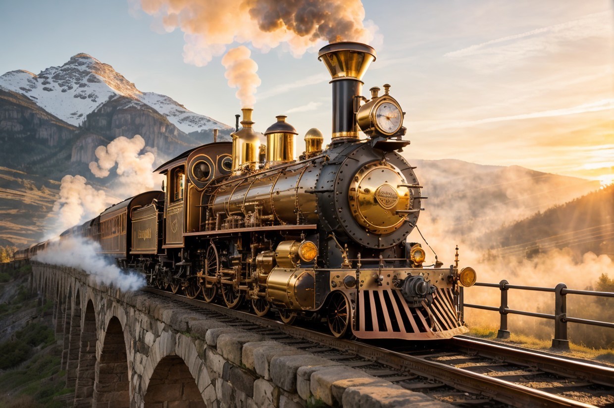 Vintage steam locomotive crossing a stone bridge at sunrise
