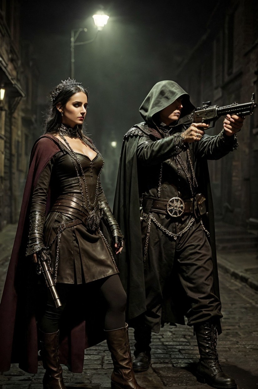Atmospheric Alleyway with Confident Figures and Firearms