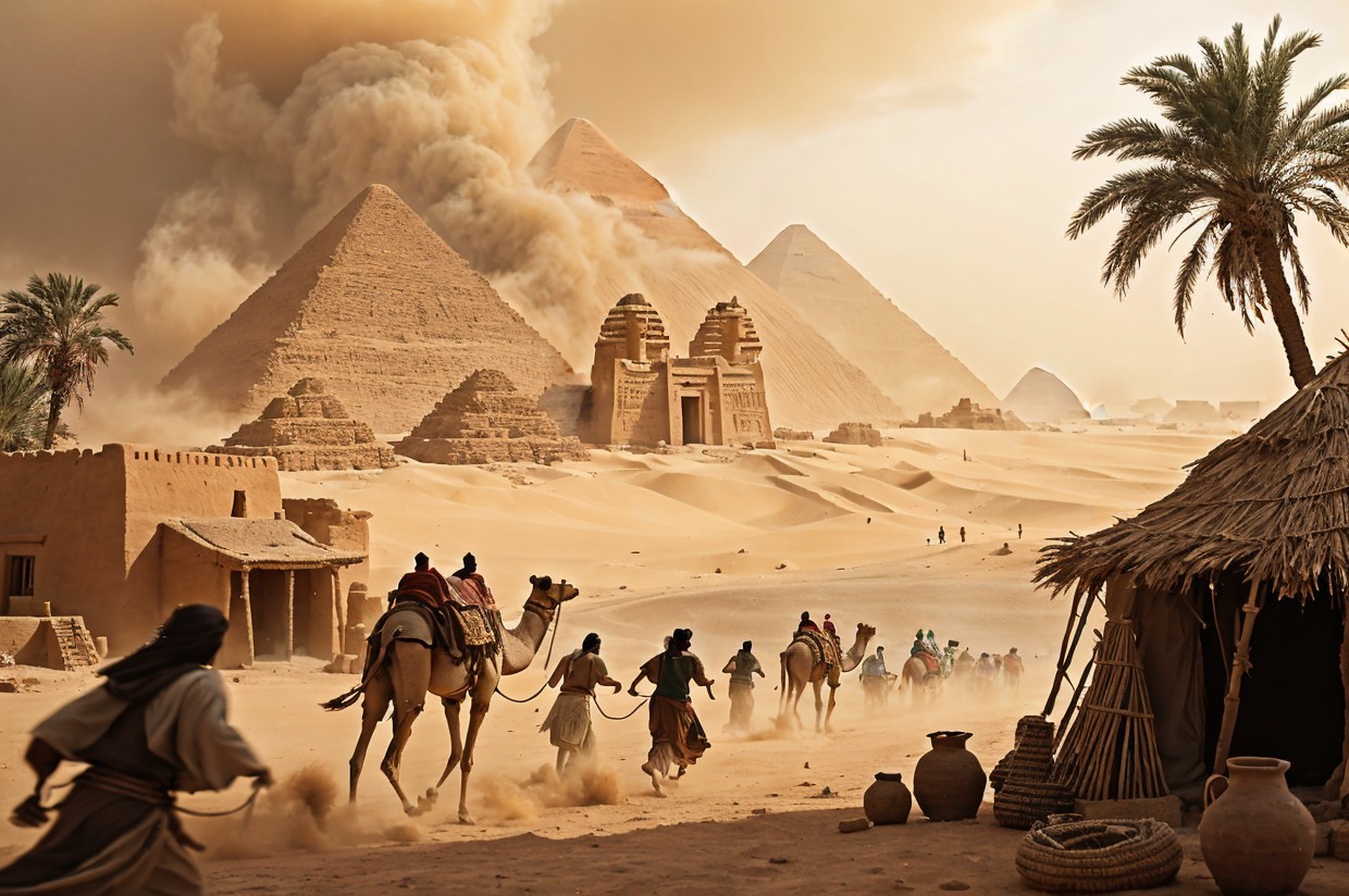 Desert Landscape with Pyramids and Caravan Scene