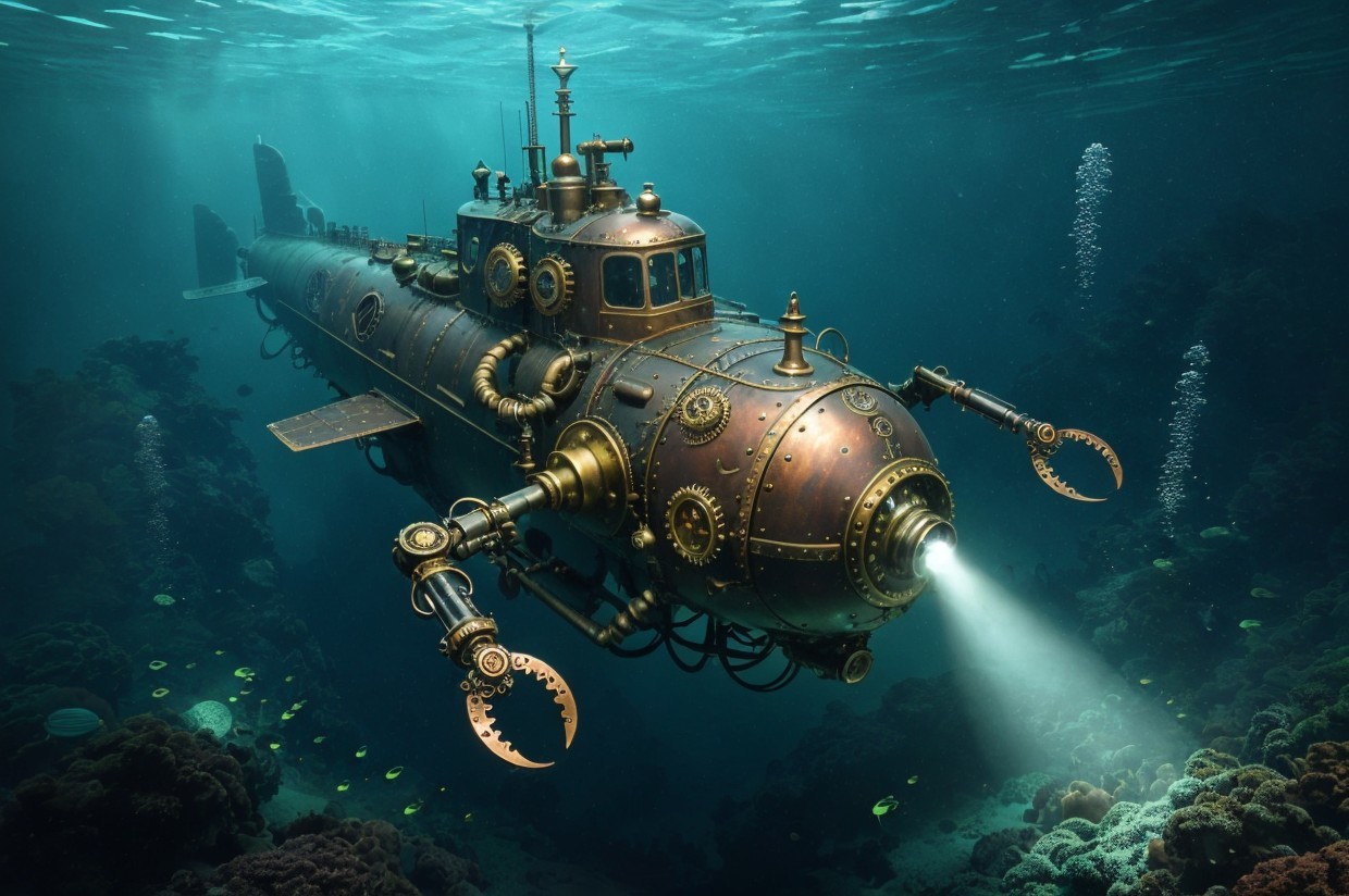 Steampunk Submarine in Vibrant Underwater World
