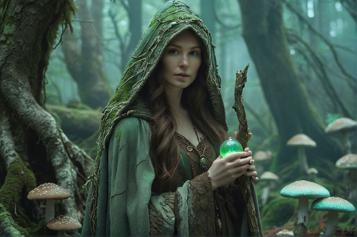 Mystical forest scene with woman in green cloak