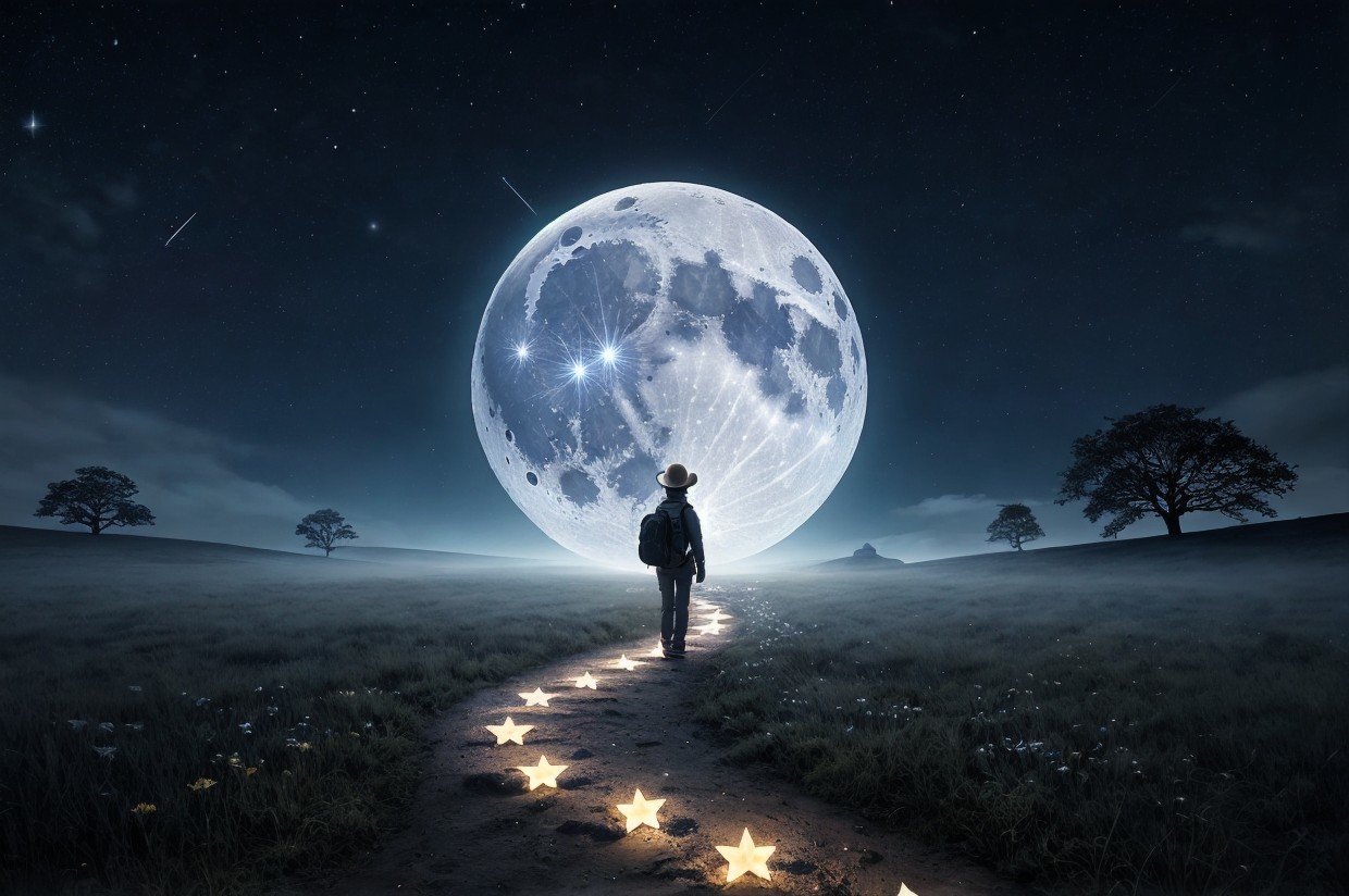 Lone Traveler on Winding Path Under Luminous Moon