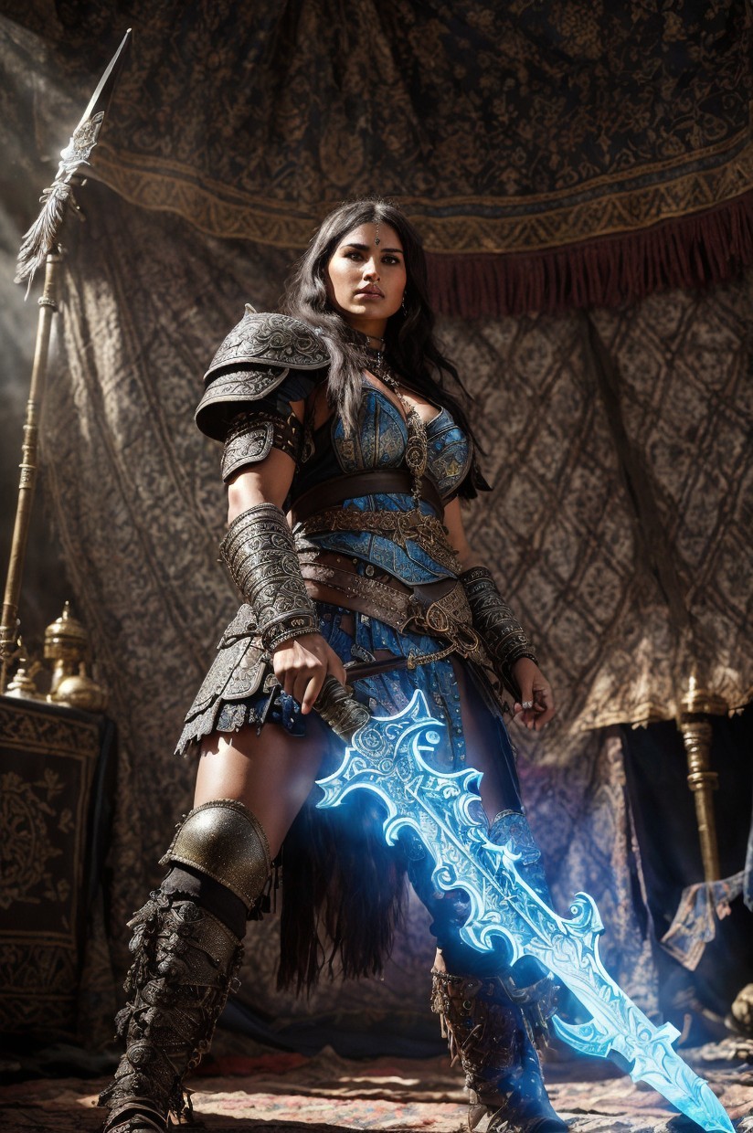 Fierce Warrior in Detailed Armor with Glowing Sword