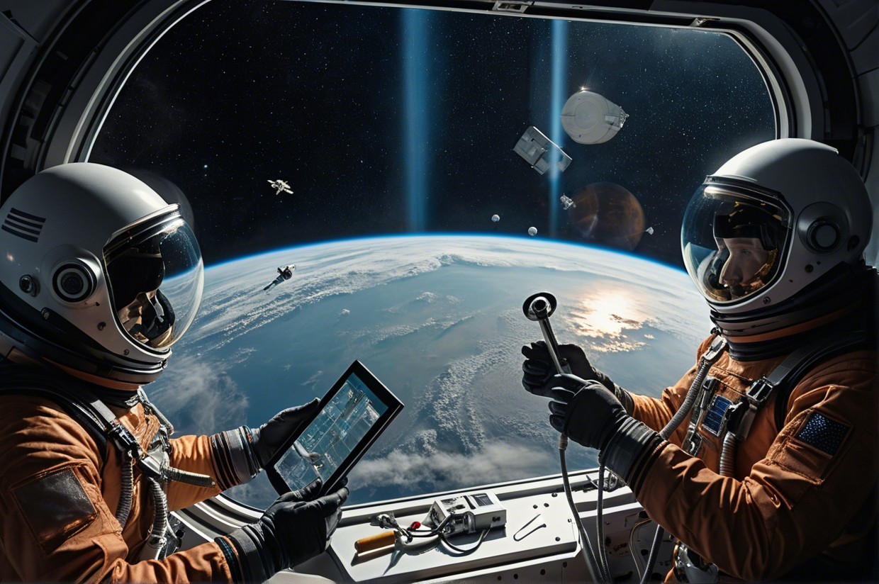 Astronauts in Spacecraft Observing Earth and Satellites