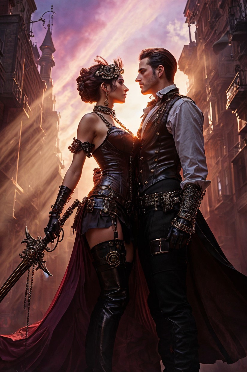 Steampunk Couple in Dramatic Face-off Scene
