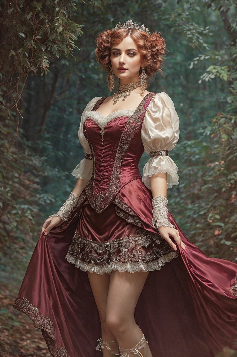 Elegant Woman in Burgundy Gown in Enchanting Forest