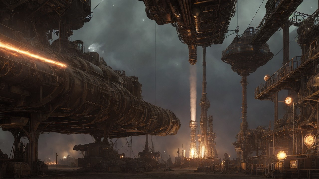 Futuristic Industrial Landscape with Docked Spaceships
