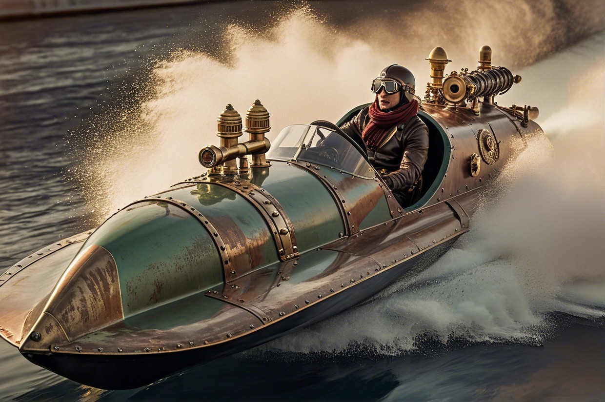 Steampunk Speedboat with Vintage Design and Pilot