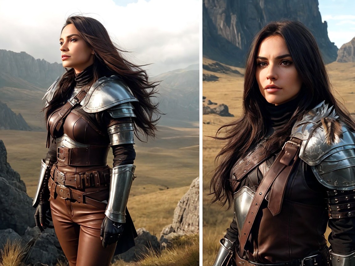 Woman in Medieval Armor in Rugged Landscape