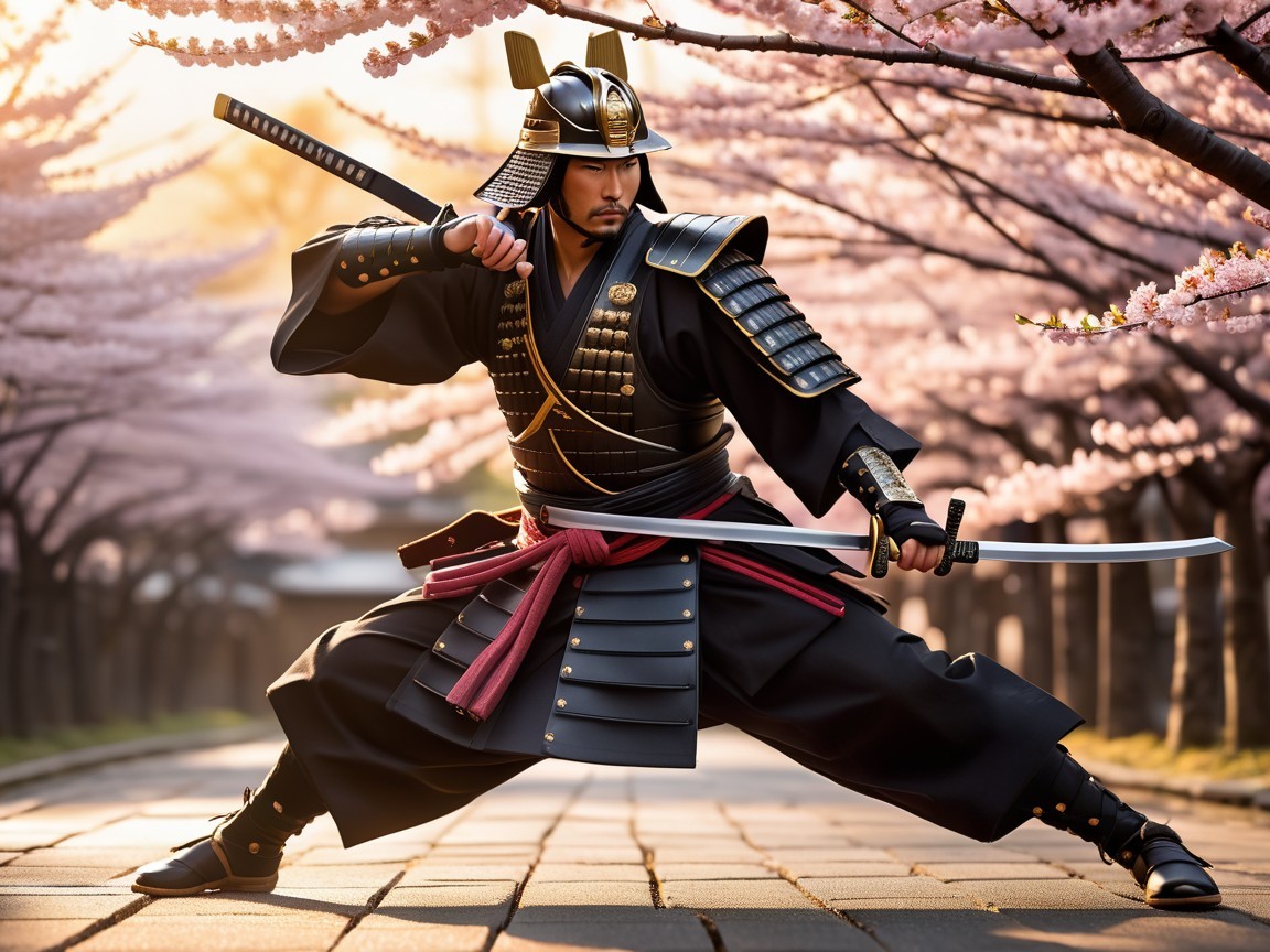 Fierce Samurai in Traditional Armor with Cherry Blossoms