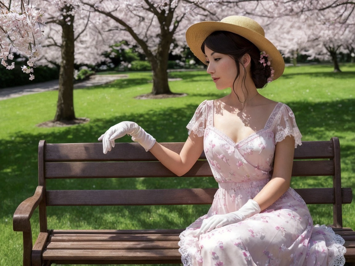 Woman in Floral Dress Under Cherry Blossom Trees