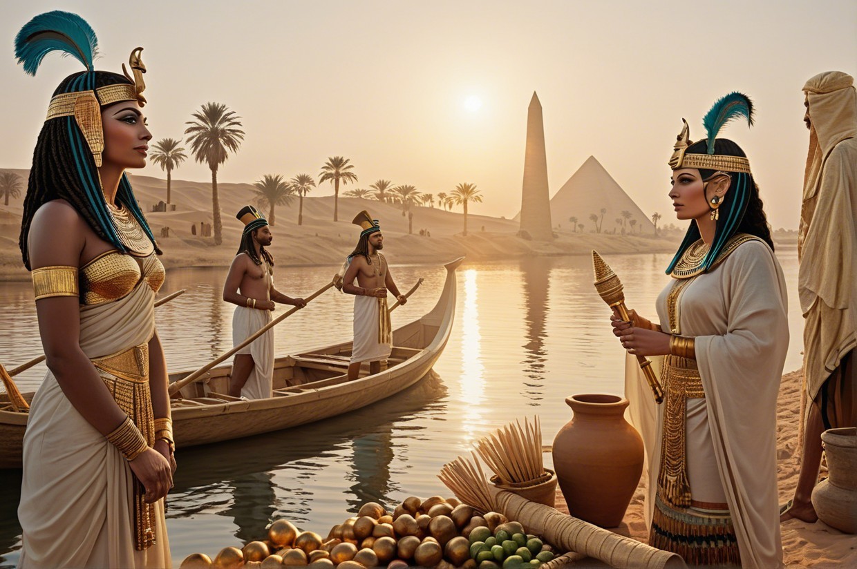 Ancient Egyptian Scene with Women, Pyramids, and River
