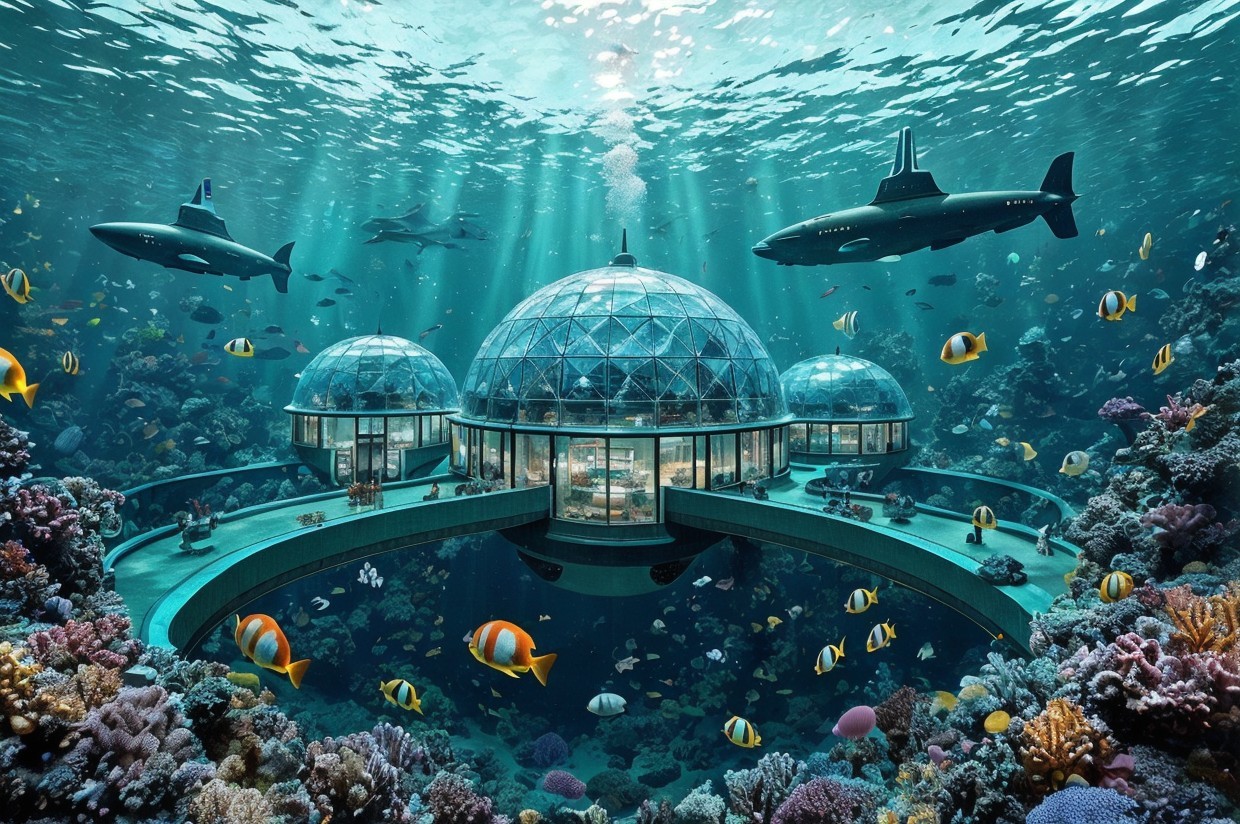 Futuristic Underwater City with Coral Reefs and Marine Life