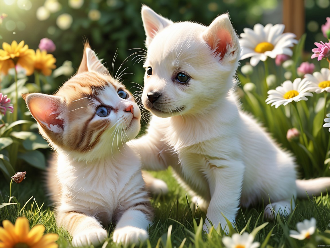 Colorful Garden Scene with Kitten and Puppy